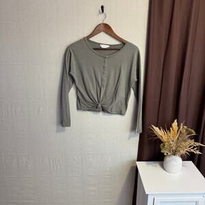 Pink Rose Size S Gray Twist Front Long Sleeve Henley Crop Top